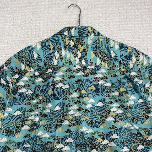Oromen Sakura Wave Cloud AOP Golden / Blue Short Sleeve Button Up Shirt Size XXL - Picture 11 of 15